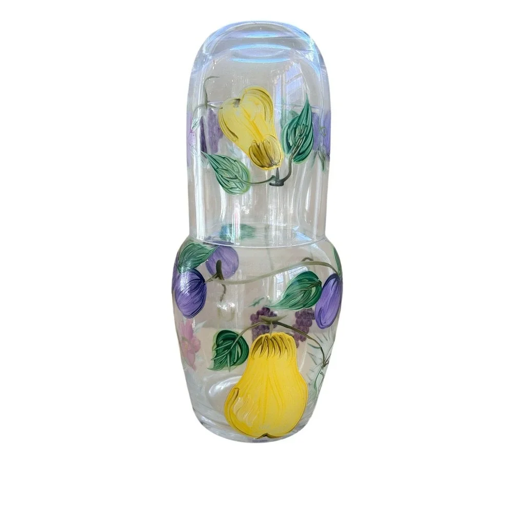Vintage Hand Painted Floral Tumble Up Glass Bedside Water‎ Carafe Set